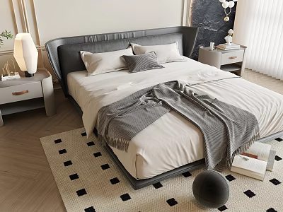 Modern Double Bed With Upholstered Headboard Nightstands Bedding And Throw Blanket 3d model
