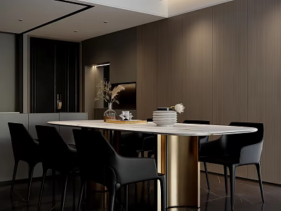 Elegant Modern Restaurant Interior With Long Dining Table Black Chairs Gold Legs And Wooden Wall 3d model