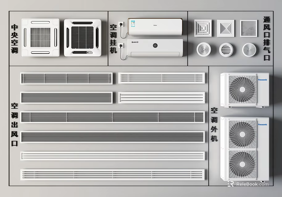 Different Types Of Air Conditioner Air Vents With Central AC And Outdoor Units 3d model 
