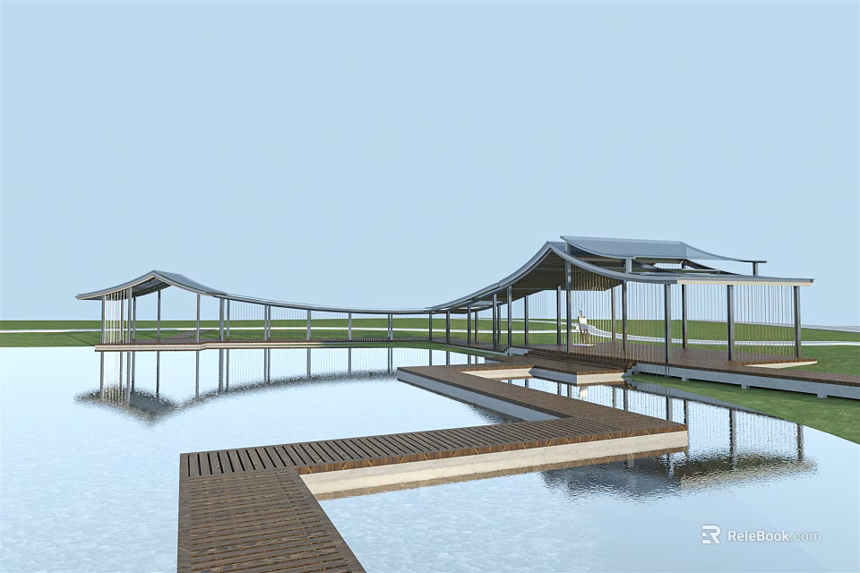 Modern Garden Landscape With Wooden Boardwalk Curved Pavilions And Water Reflections 3d model 