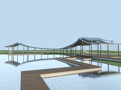 Modern Garden Landscape With Wooden Boardwalk Curved Pavilions And Water Reflections 3d model