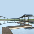 Modern Garden Landscape With Wooden Boardwalk Curved Pavilions And Water Reflections