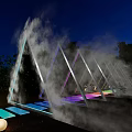 Outdoor Night Triangle Installation With Mist Colorful Steps Trees And Round Lights