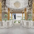 Elegant Banquet Hall Interior Design With Crystal Chandeliers White Tables And Chairs