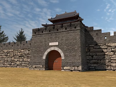 Ancient Chinese Architecture Gate With Stone Walls Red Wooden Door And Traditional Roof 3d model