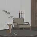 Modern Leisure Chair With Light Brown Fabric Wooden Armrests Round Rug And Green Plant