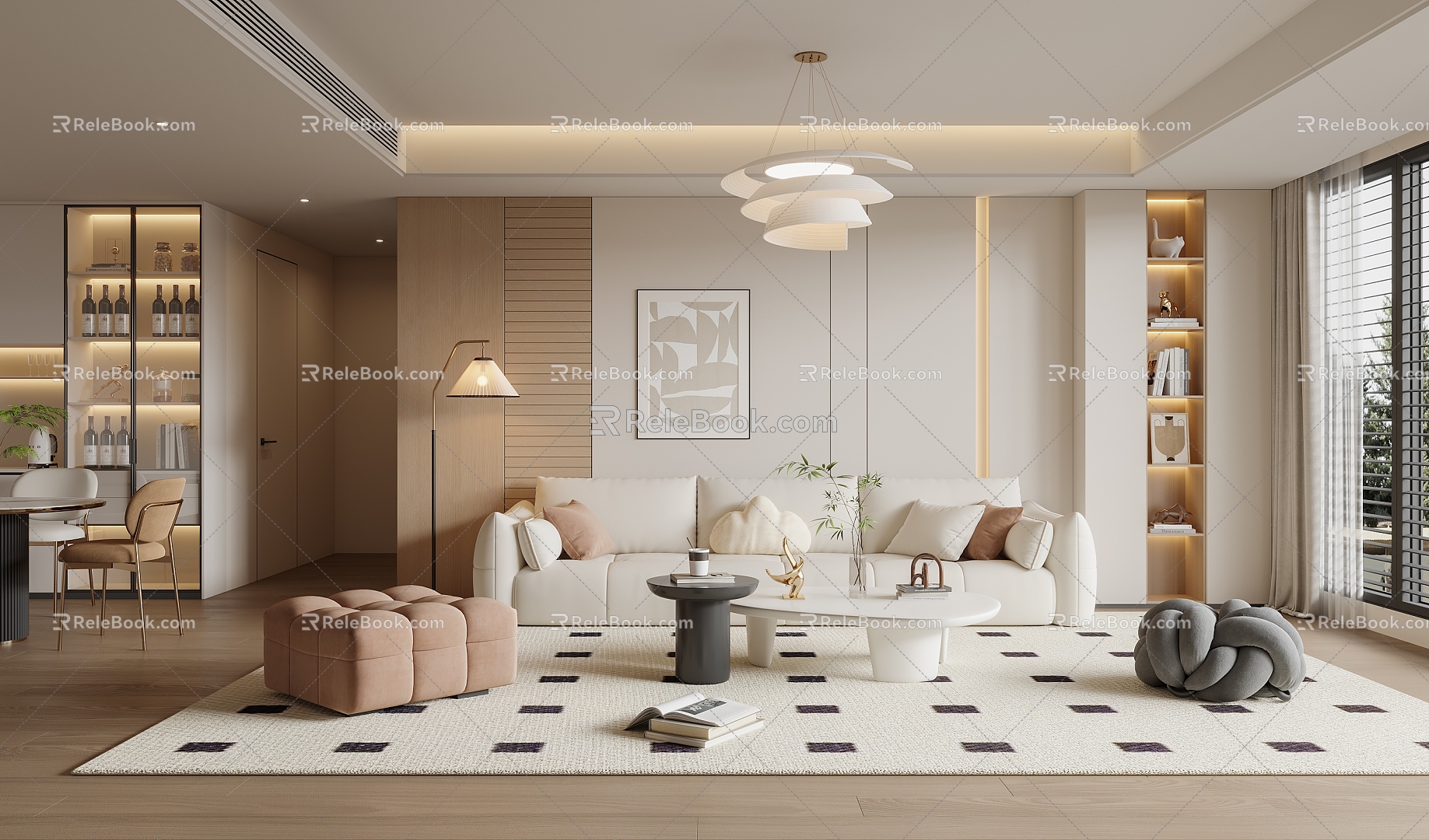 Cream Wind Guest Restaurant Sofa Coffee Table Dining Table and Chair Chandelier Wine Cabinet 3d model