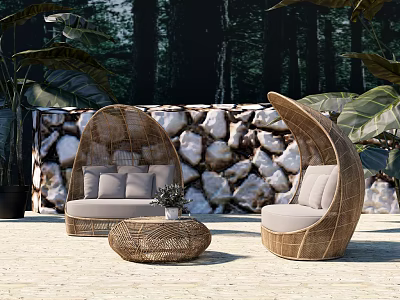 Wicker Outdoor Sofa With Curved Design And Round Coffee Table In Natural Setting 3d model
