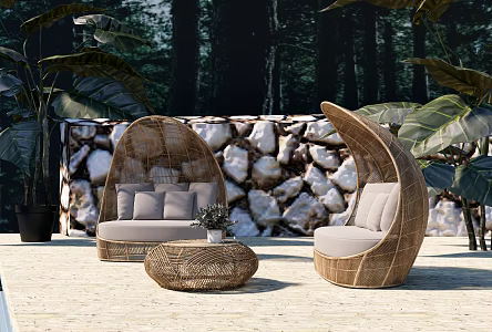 Southeast Asia Sofa Bed Outdoor Sofa Outdoor Bed Bamboo Bed Beach Bed Coffee Table Side Table Low Table 3d model