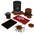 Delicious Coffee Drink With Coffee Machine Coffee Cup KitKat Chocolate Beans And Wooden Trays