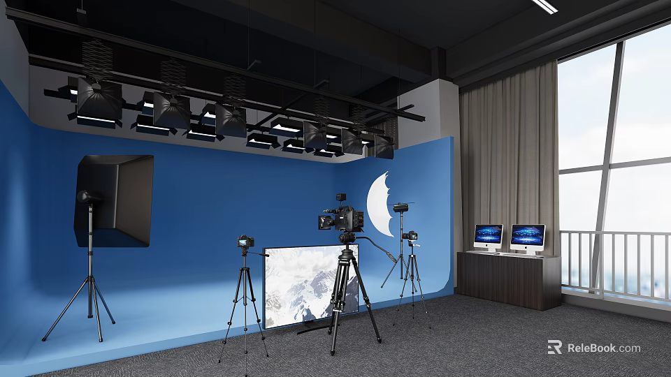 Professional Studio Setup With Blue Backdrop Cameras On Tripods Lighting And Monitors 3d model