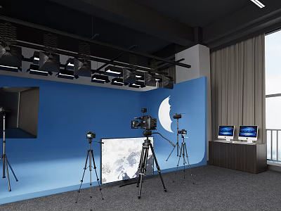 Professional Studio Setup With Blue Backdrop Cameras On Tripods Lighting And Monitors 3d model