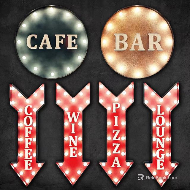Vintage Illuminated Wall Decor With Cafe Bar Signs And Arrow Coffee Wine Pizza Lounge 3d model 
