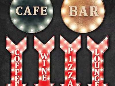 Vintage Illuminated Wall Decor With Cafe Bar Signs And Arrow Coffee Wine Pizza Lounge 3d model