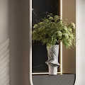 Elegant Spiral and Striped Vases with Green Flowers on Black Marble Background with Golden Lines