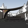Modern Entrance Gate With Curved Arch Structure Surrounded By Trees And Pedestrian Path 3d model
