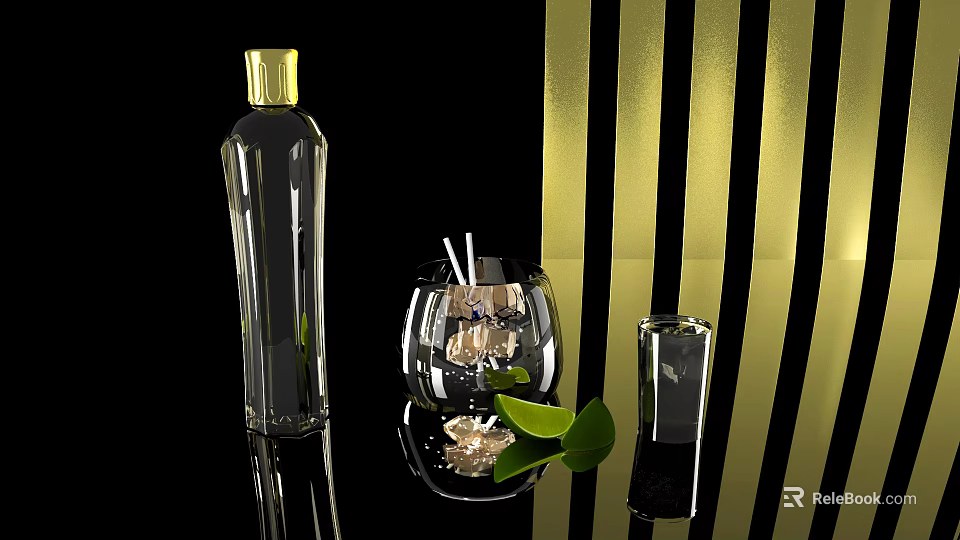 Transparent Glass Cup With Lime Leaves On Gold And Black Striped Background 3d model 