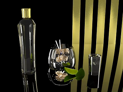 Transparent Glass Cup With Lime Leaves On Gold And Black Striped Background 3d model