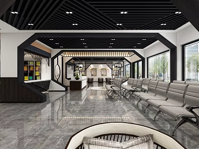 Modern Hall Interior Design With Black Ceiling Marble Floor Waiting Seats And Large Windows 3d model