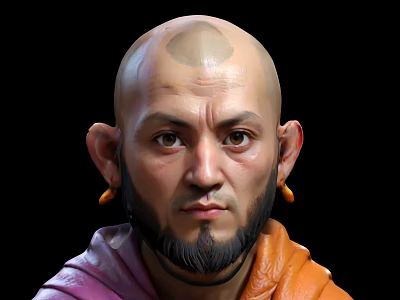 Portrait of a Bald Man with Beard and Orange Earrings in Purple and Orange Clothing 3d model
