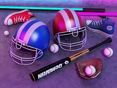 Sports Equipment Featuring Colorful Football Helmets Baseball Bat Glove Balls And Sneakers 3d model