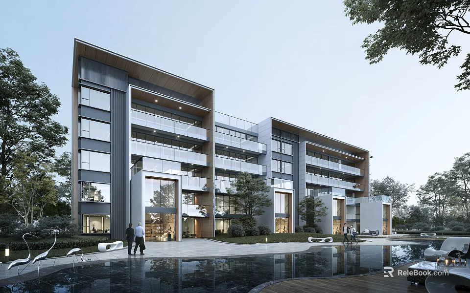 Modern Residential Building Exterior Design With Swimming Pool Balconies And Landscaped Garden 3d model 