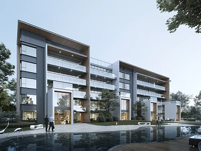 Modern Residential Building Exterior Design With Swimming Pool Balconies And Landscaped Garden 3d model