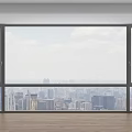 Floor to ceiling windows in modern interior with panoramic city skyline view and wooden floor