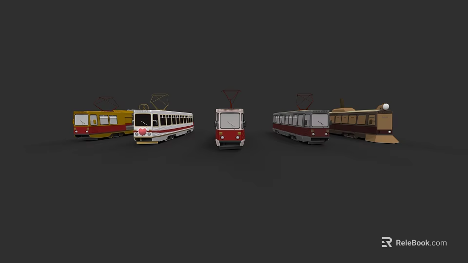 Vintage and Modern Tram Collection with Diverse Colors and Classic Designs 3d model 