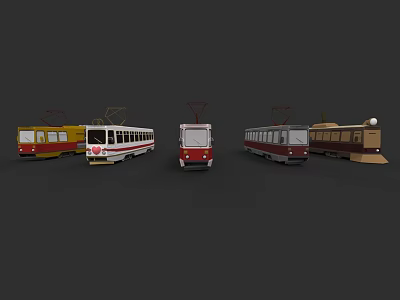 Vintage and Modern Tram Collection with Diverse Colors and Classic Designs 3d model