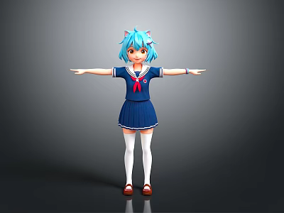 Anime Character With Blue Cat Ears And Arms Outstretched In Sailor Uniform White Stockings 3d model