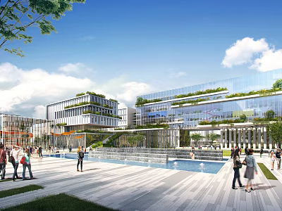 Modern Office Complex with Greenery Covered Glass Curtain Wall and Open Plaza for Pedestrian Activity 3d model