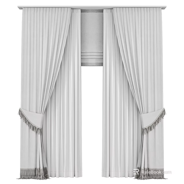 Light Gray Pleated Curtains With Tassel Tiebacks For Window Decoration 3d model 