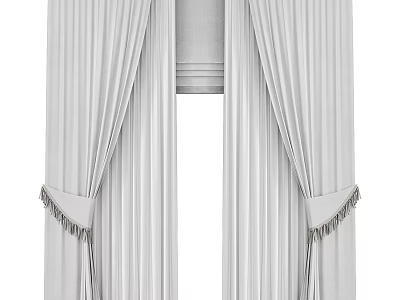 Light Gray Pleated Curtains With Tassel Tiebacks For Window Decoration 3d model