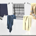 Textured Towels Dark Blue Gray and Beige Hanging on Metal Towel Rack with Striped Patterns