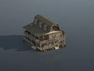 Two Story Wooden House With Sloped Roof Porch And Veranda Exterior Design 3d model