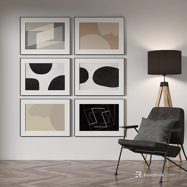 Six Abstract Paintings Displayed On Wall In Modern Interior 3d model