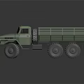 Green Military Cargo Truck with Open Bed Six Wheels Front Lights and Rugged Design