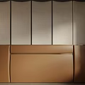 Modern Bed Backdrop Wall Design With Brown Leather Panel And Beige Fabric Strips 3d model