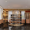 Elegant Store Front Desk With Round Gold Display Rack Wine Bottles And Marble Floor 3d model