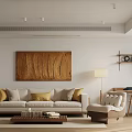 Modern Living Room With Beige Sofa Yellow Brown Cushions Wooden Coffee Table And Large Windows