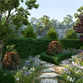 Beautiful Courtyard Garden With Stone Pathway Hedge Trees And Purple White Flowers