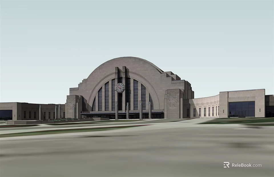 Classical Museum Building With Arch Entrance Stone Facade Columns And Clock 3d model 