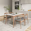 Modern Dining Table Set with Wooden Chairs White Tabletop Green Plants and Tableware in Kitchen