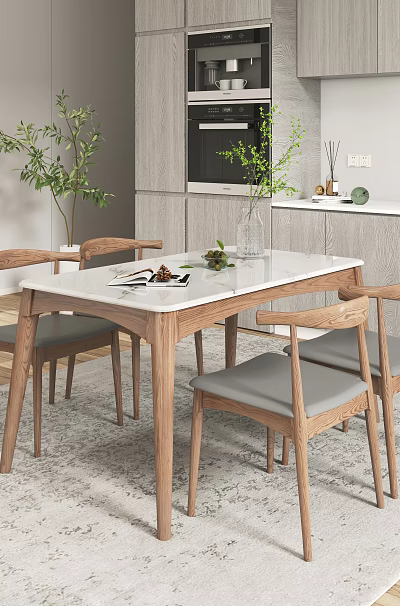 Modern Dining Table Set with Wooden Chairs White Tabletop Green Plants and Tableware in Kitchen 3d model