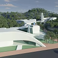 Modern Building Complex With Curved White Architectural Structures And Lush Green Surrounding Landscapes