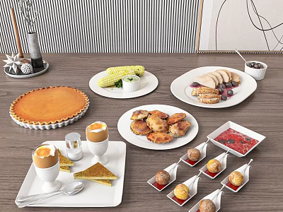 Assorted Delicious Food Platter With Baked Pie Boiled Eggs Fried Chicken And Fresh Fruits 3d model
