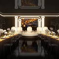 Elegant Banquet Hall Setup With Long Dining Tables White Floral Decor And Reflective Floor