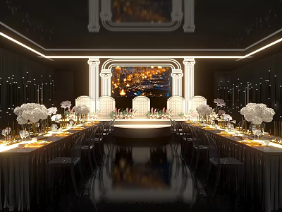Elegant Banquet Hall Setup With Long Dining Tables White Floral Decor And Reflective Floor 3d model