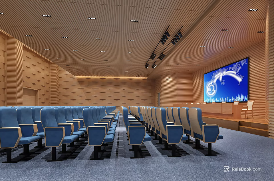 Modern Conference Room With Neatly Arranged Blue Seats Large Screen And Wooden Walls 3d model 